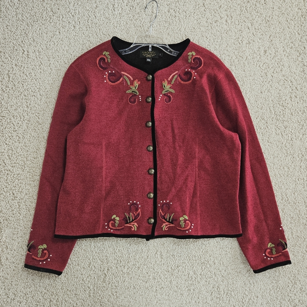 Icelandic Design Wool Cardigan Sweater Button Up Embroidered Red Womens L Scandi